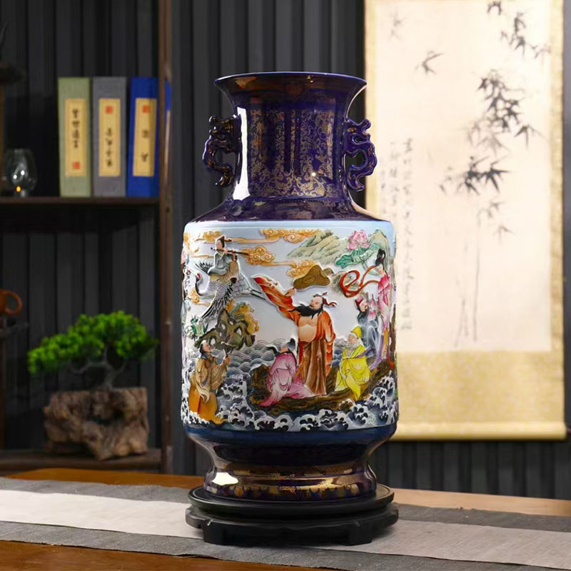 唐自强、许国胜两位大师联袂创作《群仙祝寿》霁蓝描金瓷雕尊 景德镇粉彩瓷瓶